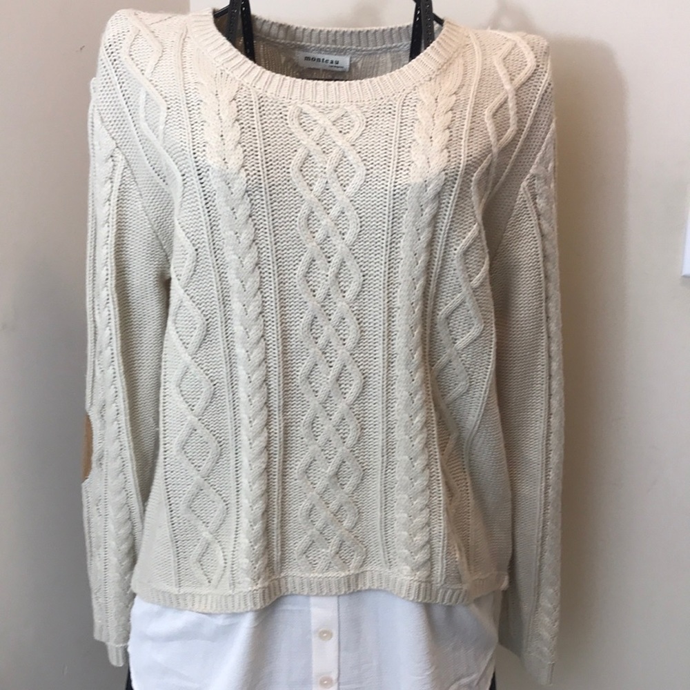 Monteau Tan Sweater Faux Shirt Patch Sleeves